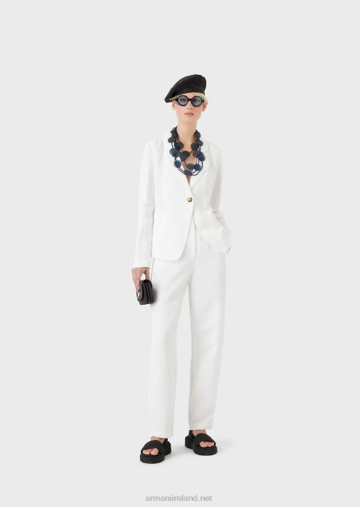 Women 086V317 High-Waisted 7/8 Trousers In A Shantung-Effect Linen Blend Armani White