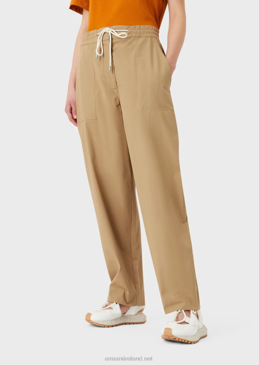 Women 086V323 Sustainable Collection Organic Ripstop 7/8 Drawstring Trousers Armani Caramello