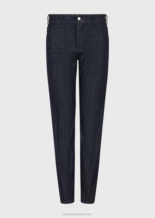 Women 086V401 J04 Medium-Waisted, Straight-Leg, Rinsed Denim Pinstriped Jeans With Glitter Armani Dark Blue