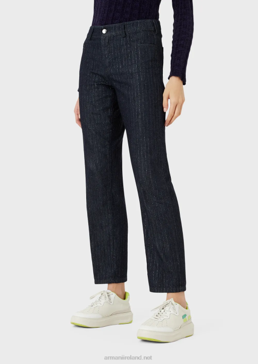 Women 086V401 J04 Medium-Waisted, Straight-Leg, Rinsed Denim Pinstriped Jeans With Glitter Armani Dark Blue