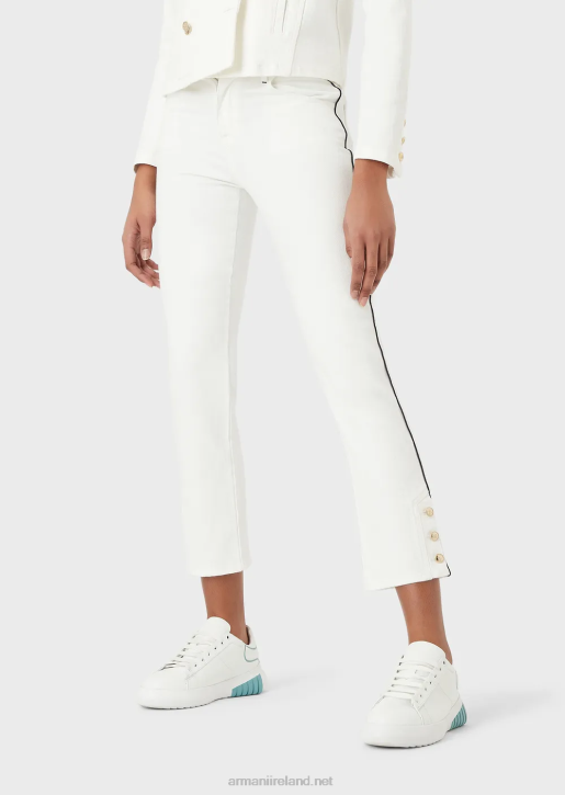 Women 086V416 J1A Medium-Waist, Straight Leg Bull Fabric Jeans With Piping Armani White