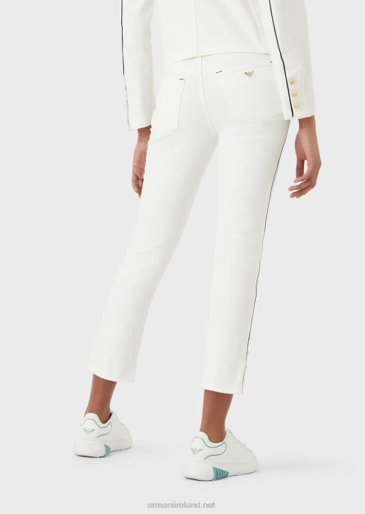 Women 086V416 J1A Medium-Waist, Straight Leg Bull Fabric Jeans With Piping Armani White