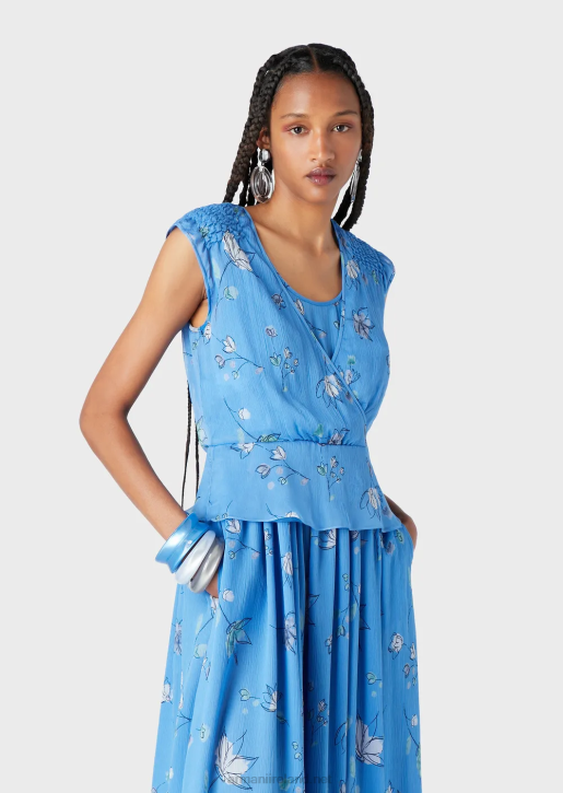 Women 086V357 Stylised Flower Pattern Silk Crepon Top With Cross-Over V Neck Armani