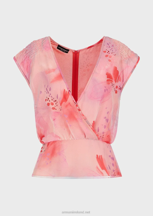 Women 086V358 Floral-Print Silk-Chiffon V-Neck Crossover Top Armani Pattern