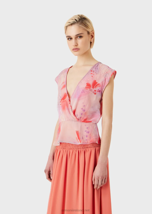 Women 086V358 Floral-Print Silk-Chiffon V-Neck Crossover Top Armani Pattern