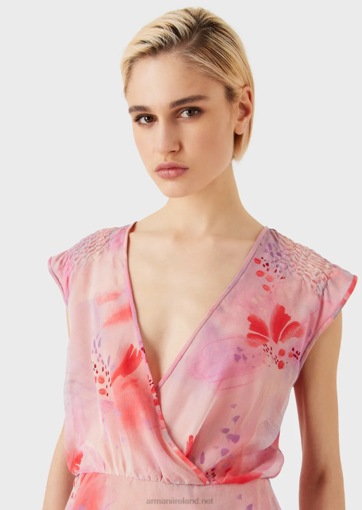 Women 086V358 Floral-Print Silk-Chiffon V-Neck Crossover Top Armani Pattern