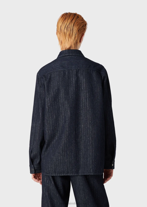 Women 086V360 Pinstriped Rinsed Denim Shirt With Glitter Armani BluNavy