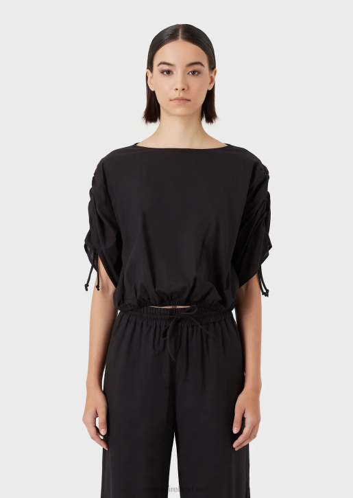 Women 086V361 Cropped Poplin Blouse With Drawstring Sleeves Armani Black