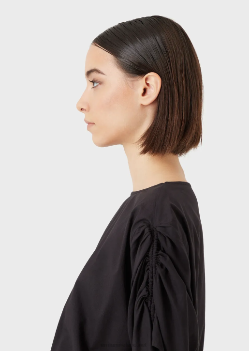 Women 086V361 Cropped Poplin Blouse With Drawstring Sleeves Armani Black