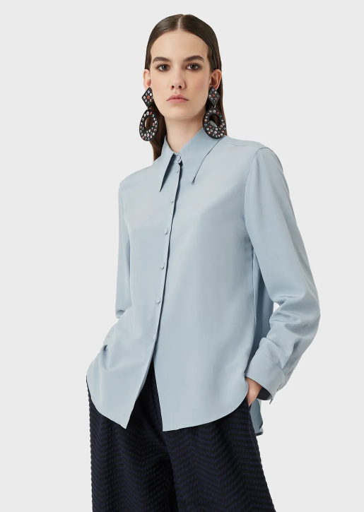 Women 086V374 Pure Silk Crepe-De-Chine Shirt Armani Azure