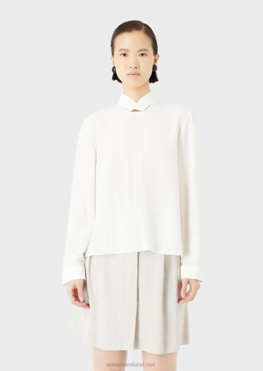 Women 086V375 Buttoned-Collar Blouse In Pure Silk Crepe De Chine Armani Silk White