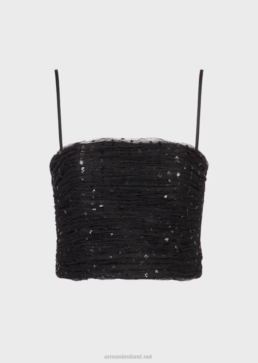 Women 086V376 Tulle Top With All-Over Geometric Sequin Embroidery Armani Black