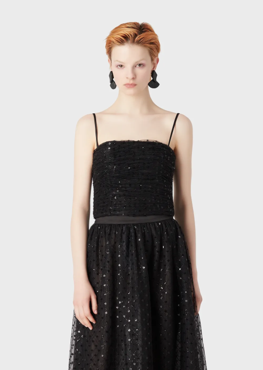 Women 086V376 Tulle Top With All-Over Geometric Sequin Embroidery Armani Black