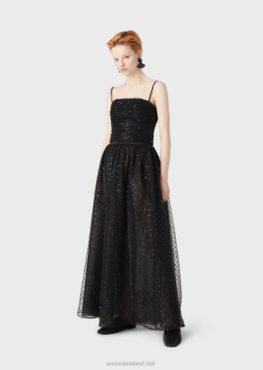 Women 086V376 Tulle Top With All-Over Geometric Sequin Embroidery Armani Black