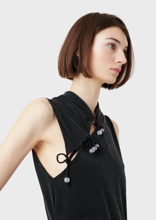 Women 086V381 Interlock Cupro Top With Guru Collar, Opening And Ties Armani Black