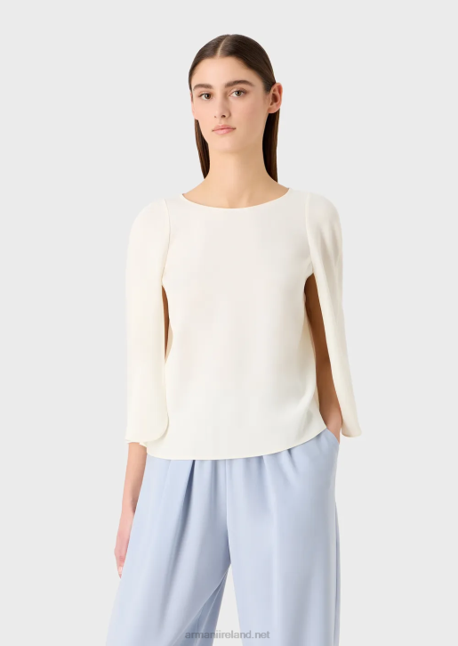 Women 086V383 Cape-Sleeved Blouse In Technical Cady Armani Milky White