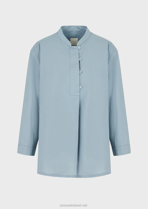 Women 086V386 Sustainable Collection Garment-Dyed, Organic-Muslin Shirt With A Guru Collar Armani Azure