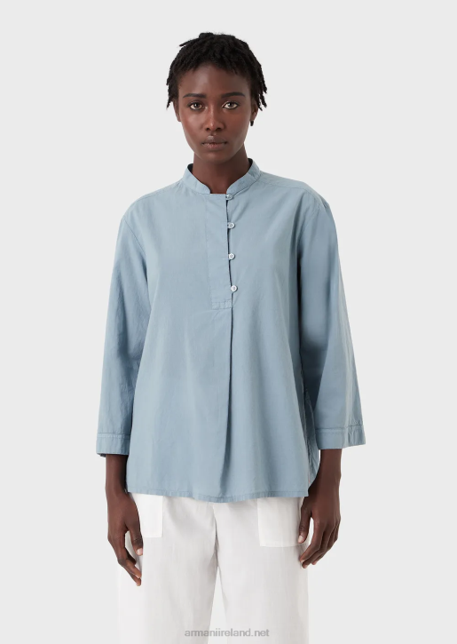 Women 086V386 Sustainable Collection Garment-Dyed, Organic-Muslin Shirt With A Guru Collar Armani Azure