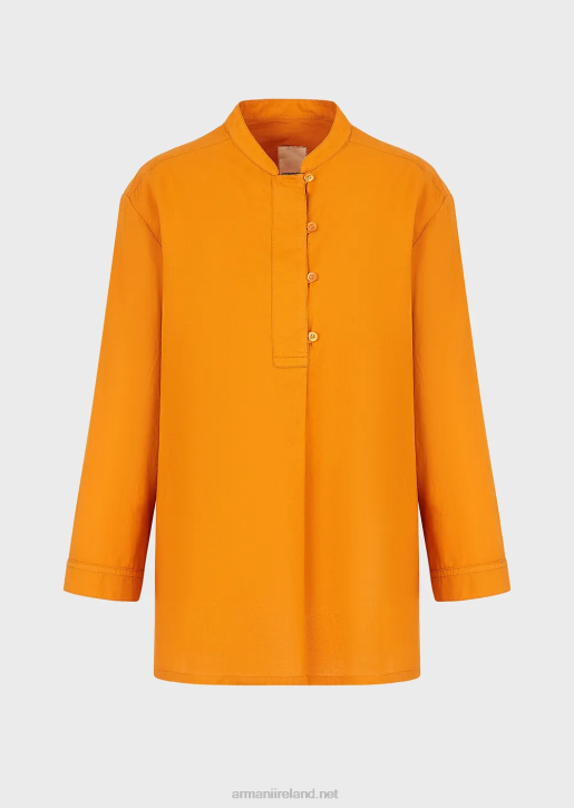 Women 086V387 Sustainable Collection Garment-Dyed, Organic-Muslin Shirt With A Guru Collar Armani Orange