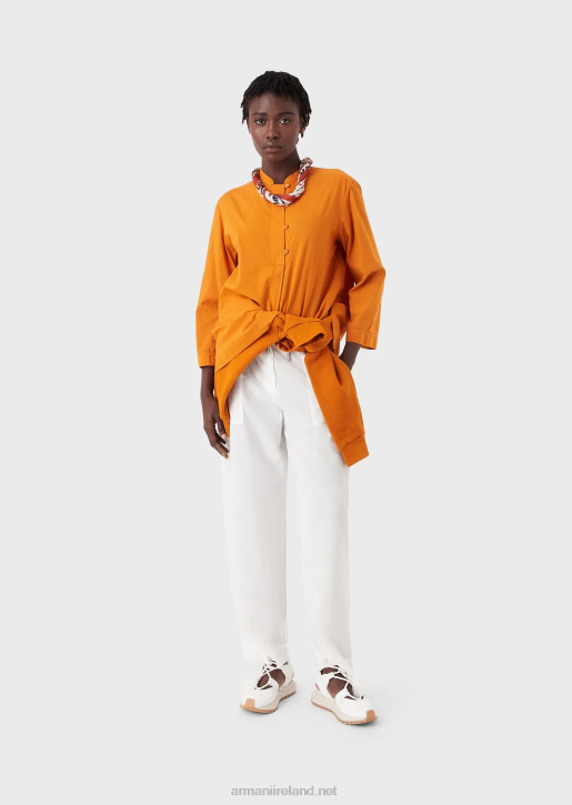 Women 086V387 Sustainable Collection Garment-Dyed, Organic-Muslin Shirt With A Guru Collar Armani Orange