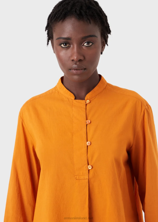 Women 086V387 Sustainable Collection Garment-Dyed, Organic-Muslin Shirt With A Guru Collar Armani Orange