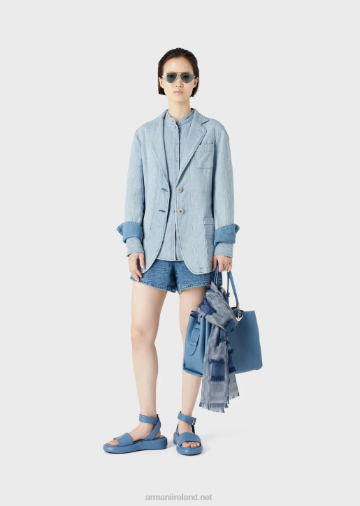 Women 086V392 Gingham Denim Shirt With Guru Collar Armani Pattern