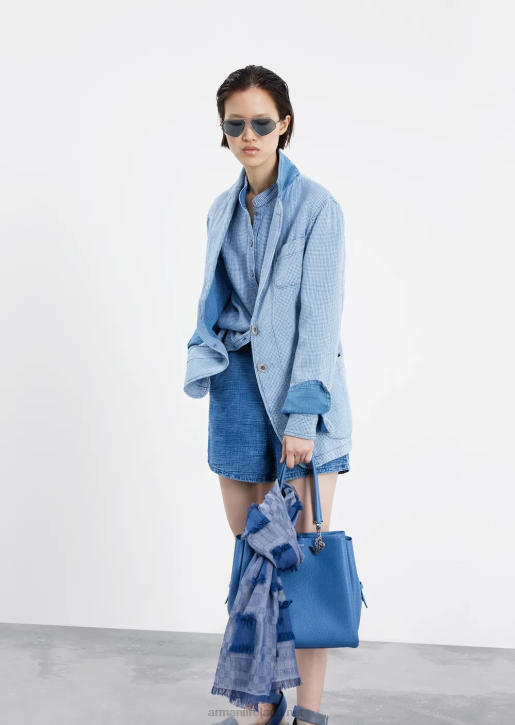 Women 086V392 Gingham Denim Shirt With Guru Collar Armani Pattern