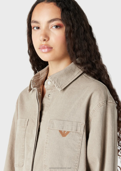 Women 086V393 Natural-Dye Organic-Denim Shirt With Patch Pockets Armani Beige