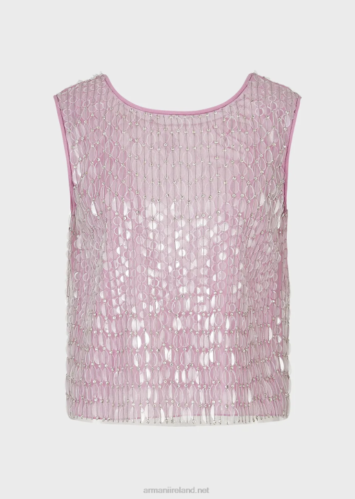 Women 086V395 Embroidered Tulle Top With All-Over Transparent Sequin Leaves Armani