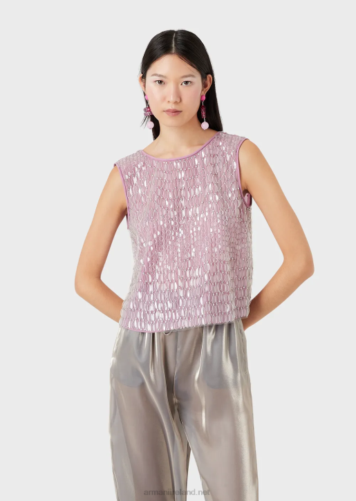 Women 086V395 Embroidered Tulle Top With All-Over Transparent Sequin Leaves Armani