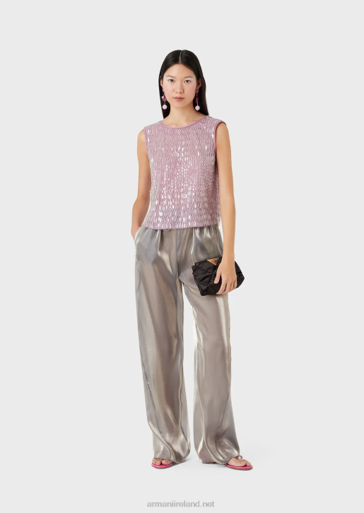 Women 086V395 Embroidered Tulle Top With All-Over Transparent Sequin Leaves Armani