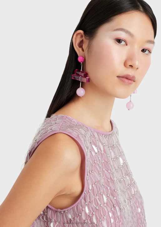Women 086V395 Embroidered Tulle Top With All-Over Transparent Sequin Leaves Armani