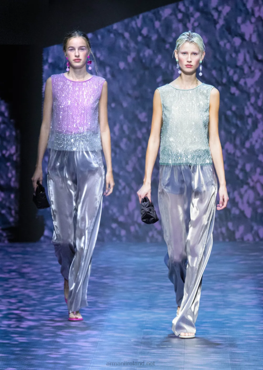 Women 086V395 Embroidered Tulle Top With All-Over Transparent Sequin Leaves Armani