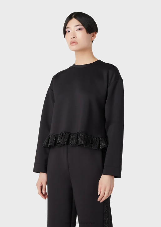 Women 086V396 Scuba-Fabric Sweatshirt With Rhinestone Flounce Armani Black