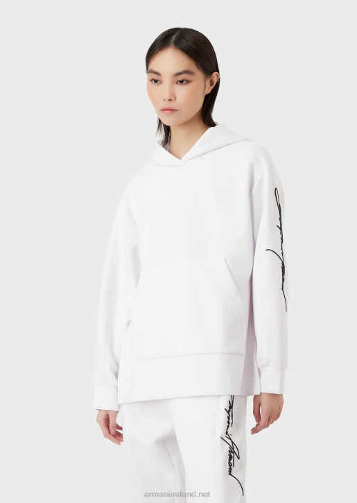 Women 086V406 Hooded Sweatshirt With Embossed Signature Embroidered Logo Armani White