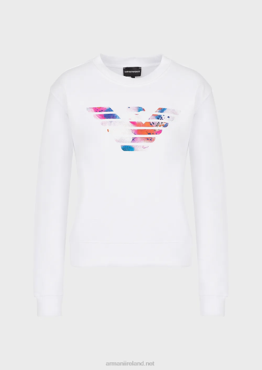 Women 086V418 Organic French Terrycloth Sweatshirt With Oversized Eagle Pattern Armani White