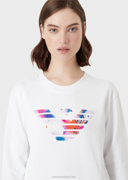 Women 086V418 Organic French Terrycloth Sweatshirt With Oversized Eagle Pattern Armani White