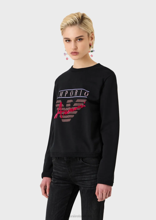 Women 086V420 Organic French Terrycloth Sweatshirt With Embossed-Fabric Lettering And Logo Print Armani Black