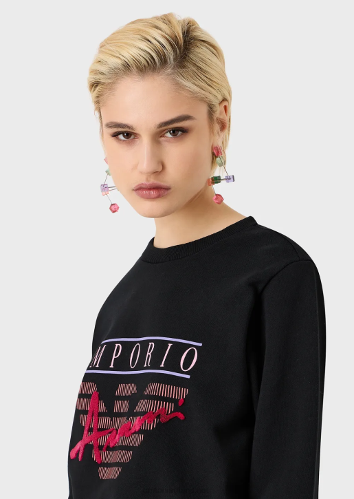 Women 086V420 Organic French Terrycloth Sweatshirt With Embossed-Fabric Lettering And Logo Print Armani Black
