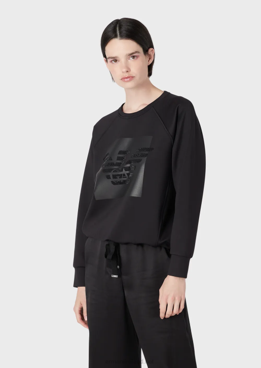 Women 086V421 Sweatshirt In Scuba Fabric With Oversized Rhinestone Eagle Armani Black