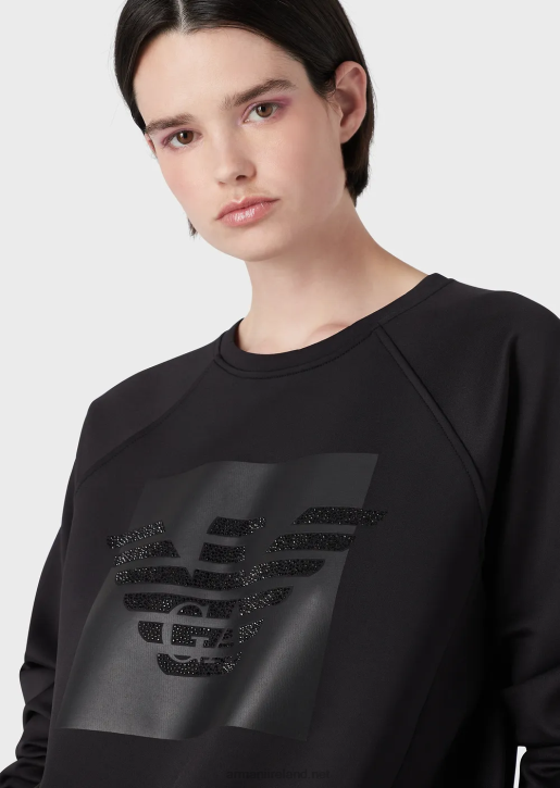 Women 086V421 Sweatshirt In Scuba Fabric With Oversized Rhinestone Eagle Armani Black