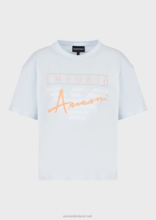 Women 086V430 Light Organic-Jersey T-Shirt With Embossed Fabric Lettering And Logo Print Armani Azure