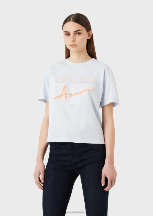 Women 086V430 Light Organic-Jersey T-Shirt With Embossed Fabric Lettering And Logo Print Armani Azure