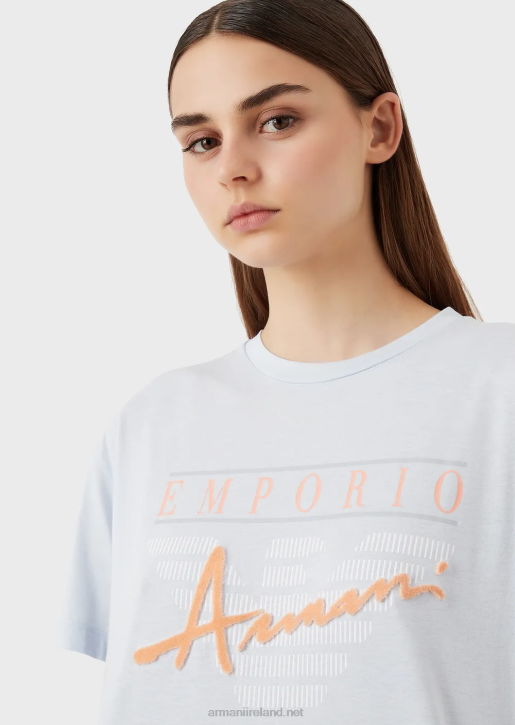 Women 086V430 Light Organic-Jersey T-Shirt With Embossed Fabric Lettering And Logo Print Armani Azure