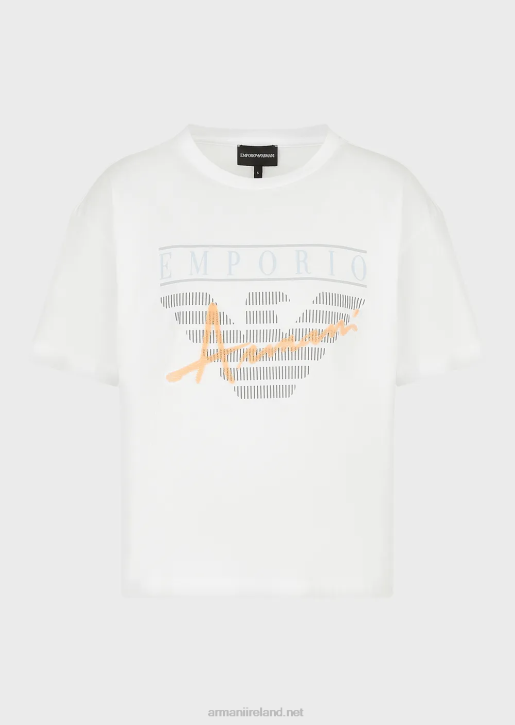 Women 086V431 Light Organic-Jersey T-Shirt With Embossed Fabric Lettering And Logo Print Armani White