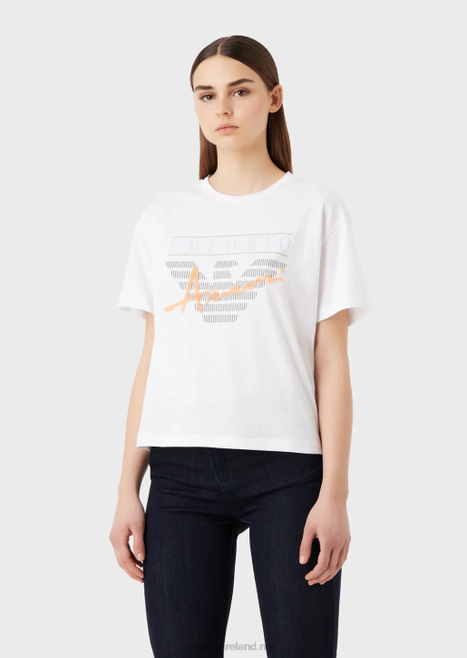 Women 086V431 Light Organic-Jersey T-Shirt With Embossed Fabric Lettering And Logo Print Armani White