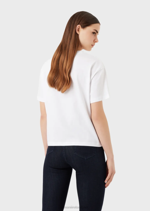 Women 086V431 Light Organic-Jersey T-Shirt With Embossed Fabric Lettering And Logo Print Armani White
