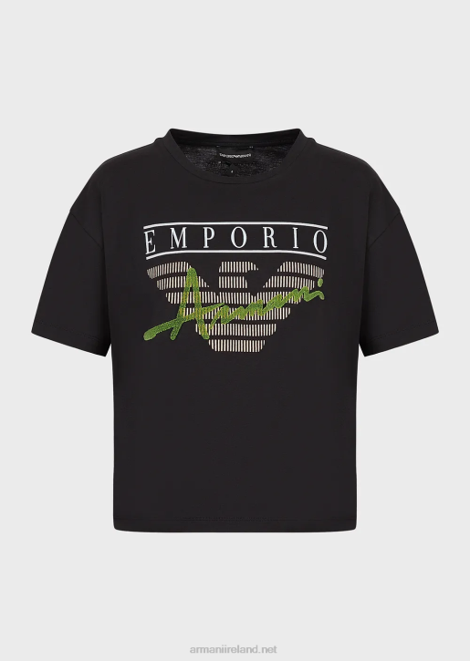Women 086V432 Light Organic-Jersey T-Shirt With Embossed Fabric Lettering And Logo Print Armani Black