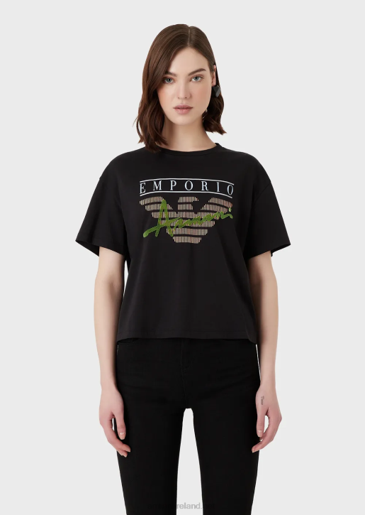 Women 086V432 Light Organic-Jersey T-Shirt With Embossed Fabric Lettering And Logo Print Armani Black