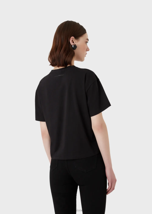 Women 086V432 Light Organic-Jersey T-Shirt With Embossed Fabric Lettering And Logo Print Armani Black